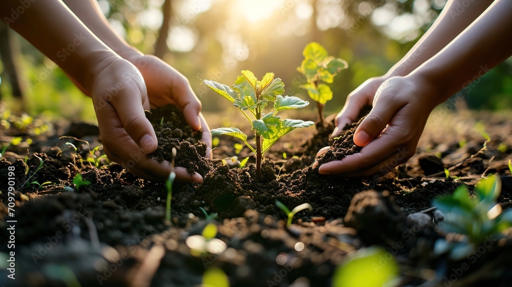Fototapeta premium Gentle hands cradle a delicate potted plant, nurturing life in the sunlight.