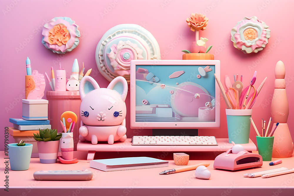 Back to school creative table desk with kawaii stationery, generative ai Back to school creative table desk with kawaii stationery, generative ai