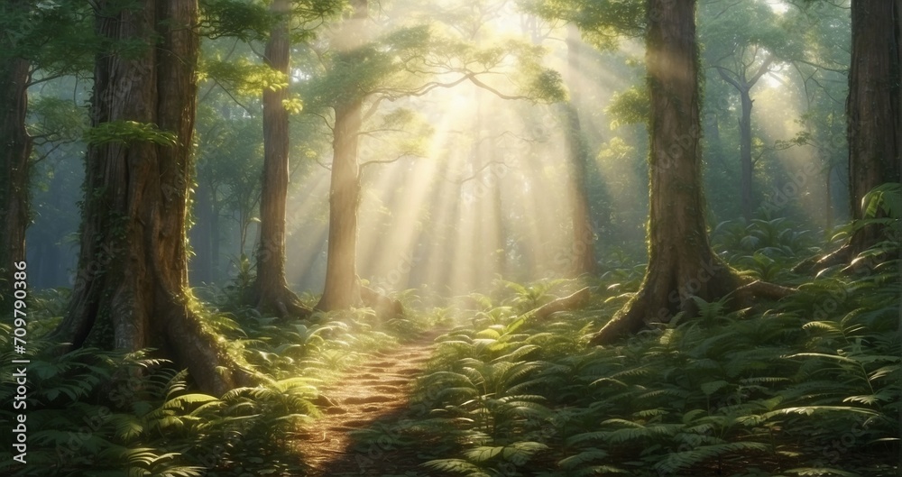 Obraz premium A scene of an enchanting forest canopy, with rays of sunlight filtering through the foliage, creating intricate patterns on the forest floor teeming with life - Generative AI