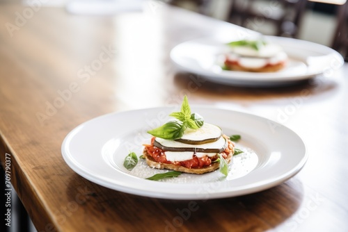 individual servings of eggplant parmesan on white plates