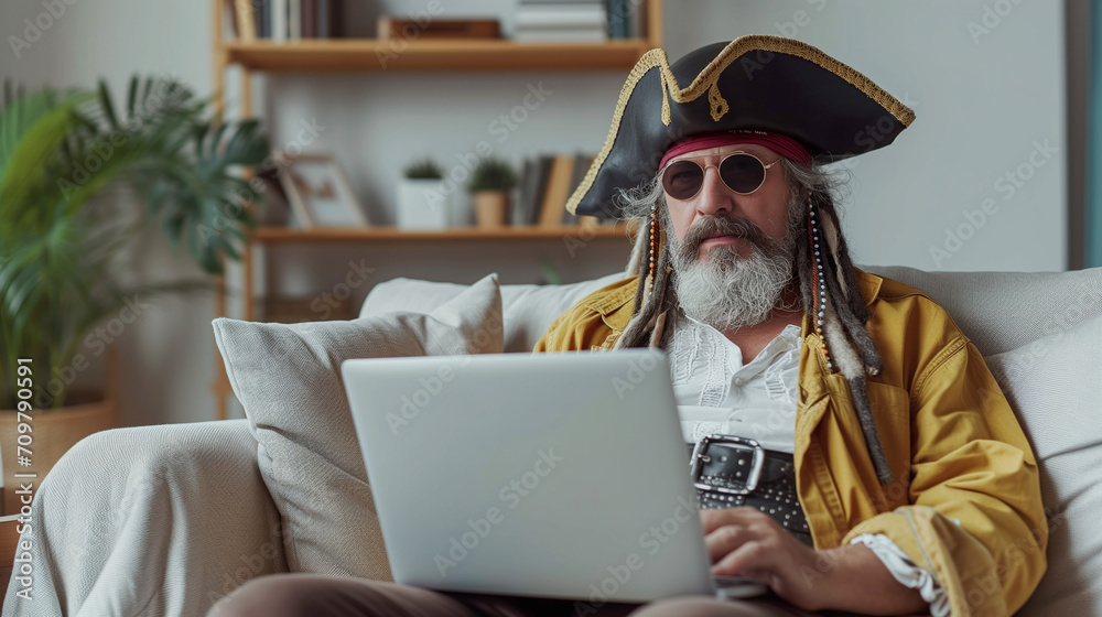 Naklejka premium Modern pirate exploring online downloads on a laptop.