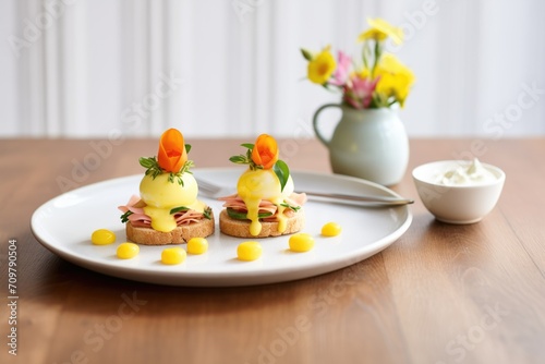 a pair of eggs benedicts on a plate with a small bowl of hollandaise