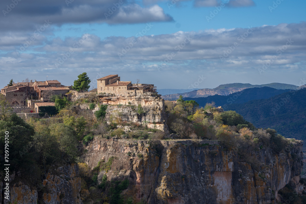 Panoramic view of the town of Siurana in Catalonia, Spain, with cloudy sky, horizontal