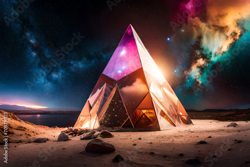 surreal outer space pyramid , glowing nebulas , mystical conspiracy on desertic planet