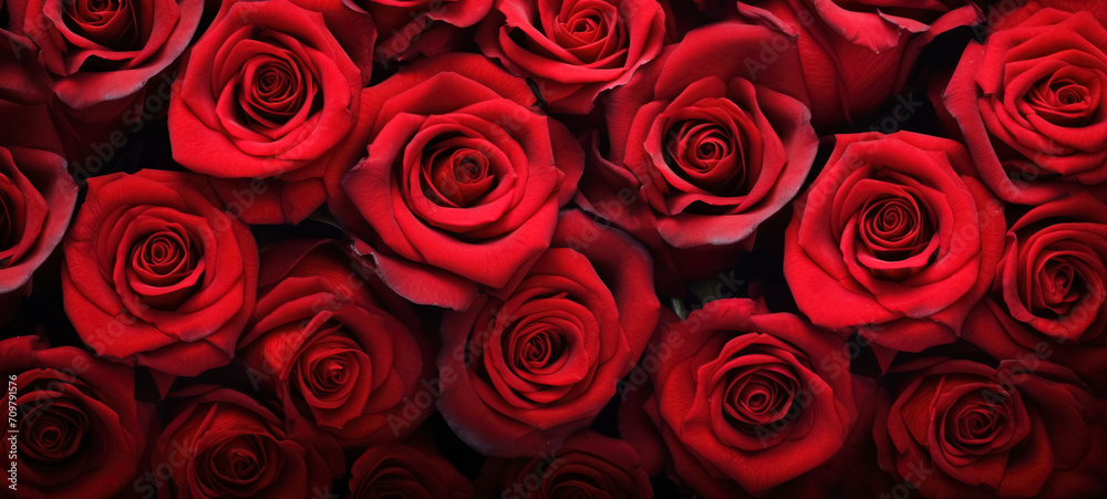 Natural red roses background. Background template for banner or greeting card