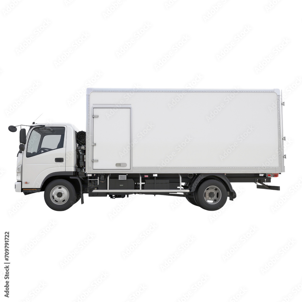 White Delivery Truck Side View Cargo Truck Advertising Isolated on transparent background White Delivery Truck Side View Cargo Truck Advertising Isolated on transparent background