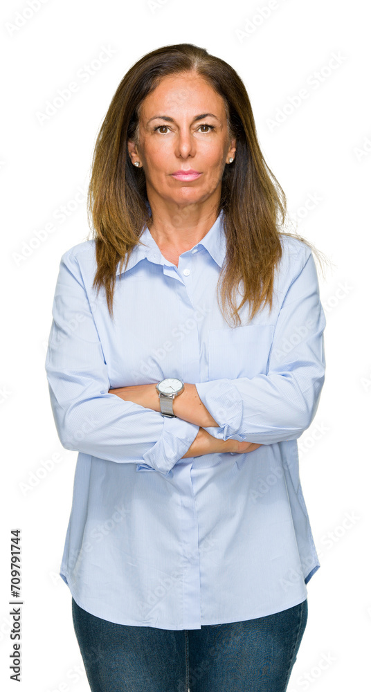 Beautiful middle age business adult woman over isolated background with serious expression on face. Simple and natural looking at the camera. Beautiful middle age business adult woman over isolated background with serious expression on face. Simple and natural looking at the camera.