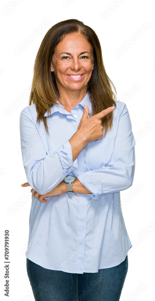 Beautiful middle age business adult woman over isolated background cheerful with a smile of face pointing with hand and finger up to the side with happy and natural expression on face. Beautiful middle age business adult woman over isolated background cheerful with a smile of face pointing with hand and finger up to the side with happy and natural expression on face.