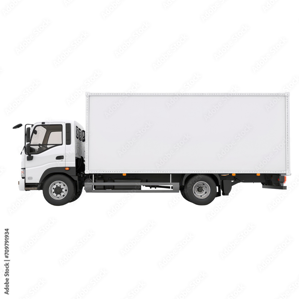 White Delivery Truck Side View Cargo Truck Advertising Isolated on transparent background White Delivery Truck Side View Cargo Truck Advertising Isolated on transparent background