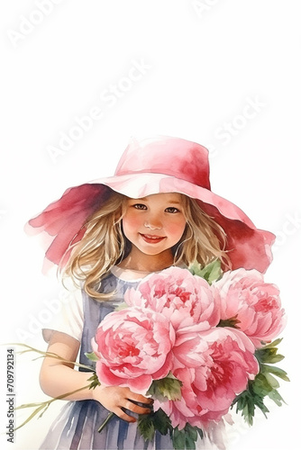 Happy girl in a hat with a bouquet of pink peonies in watercolor style, copy space, selective focus © Tetiana Kasatkina