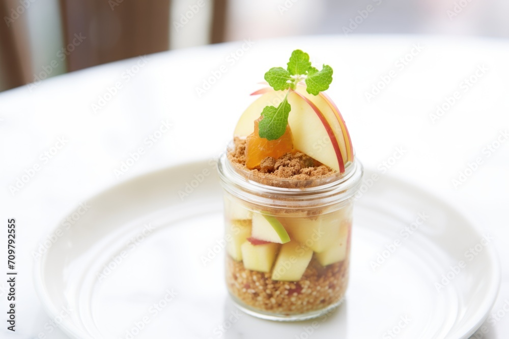 layered apple and cinnamon tartare in clear jar