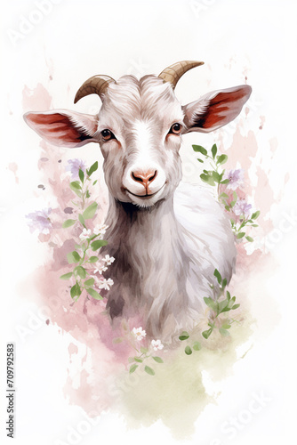 Portrait of a baby goat in watercolor style n, copy space, selective focus