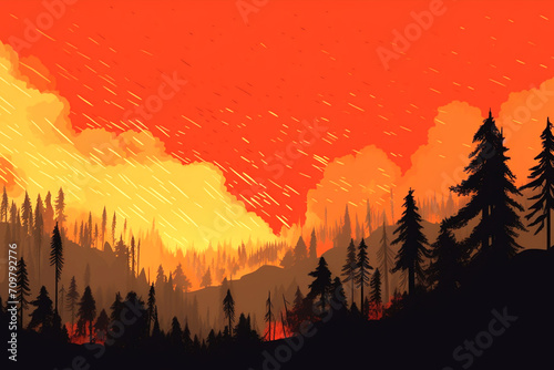 Illustration of a bright flame of a fire in the forest, selective focus