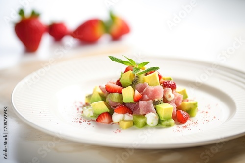 close-up of kiwi and strawberry tartare on white plate