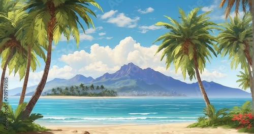 A scene of a tropical beach lined with swaying palm trees  overlooking the sea  and framed by distant mountain peaks - Generative AI