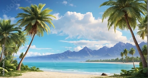 A scene of a tropical beach lined with swaying palm trees, overlooking the sea, and framed by distant mountain peaks - Generative AI