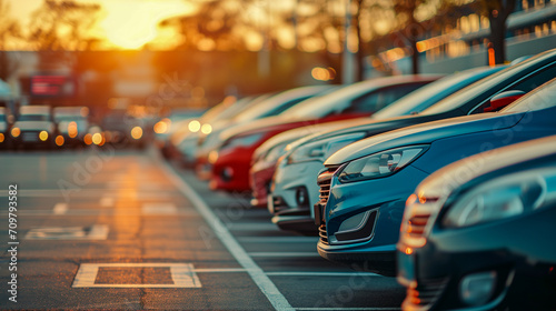 混雑した自動車ディーラーの駐車場に沈む夕日の輝き、自動車ビジネスのイメージ。 photo