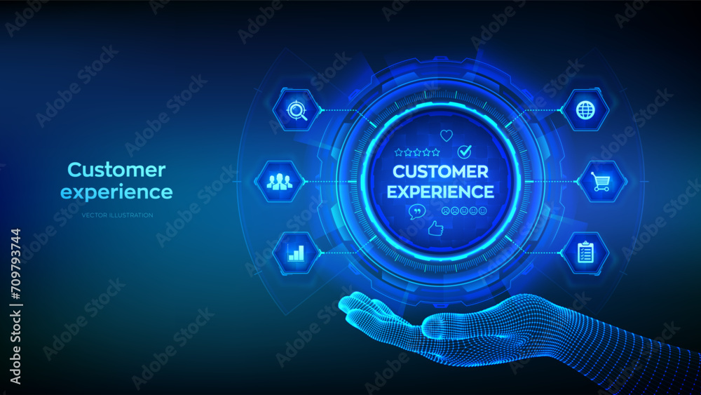 Customer Experience technology concept in wireframe hand. Customer Satisfaction Survey. Service experience rating online application. Satisfaction feedback review. Vector illustration. - obrazy, fototapety, plakaty 
