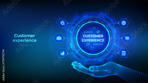 Customer Experience technology concept in wireframe hand. Customer Satisfaction Survey. Service experience rating online application. Satisfaction feedback review. Vector illustration.