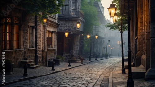 A quaint cobblestone street adorned with old-fashioned street lamps