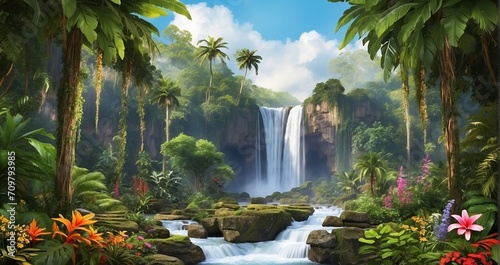 A scene of a tropical rainforest waterfall set amidst towering trees  vibrant ferns  exotic flowers  and diverse wildlife thriving in the lush surroundings - Generative AI