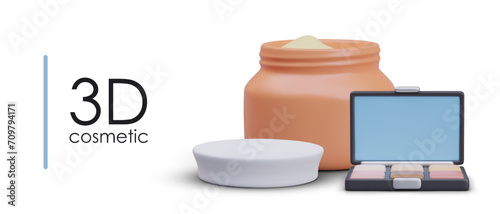 Realistic concept of decorative and care cosmetics. Jar of cream, box with eyeshadow palette. Vector composition on white background. Items for daily makeup