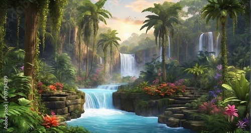 A scene of a tropical rainforest waterfall set amidst towering trees  vibrant ferns  exotic flowers  and diverse wildlife thriving in the lush surroundings - Generative AI