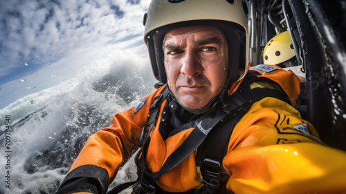 Coast guard Officer in a stormy sea. Rescue operation in ocean using helicopter or rescue boat