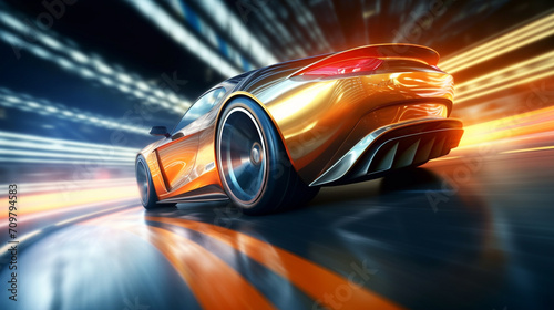 fast moving sport car on highway wallpaper Highway . Powerful acceleration of a supercar illustration . Closeup poster