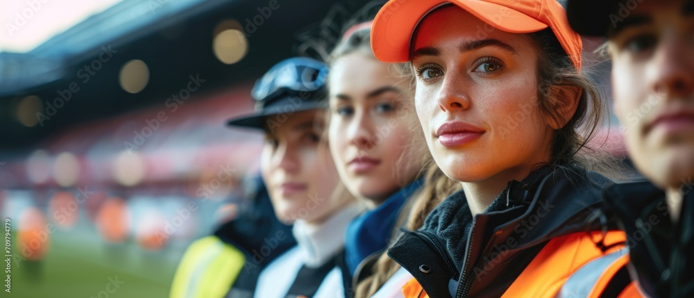 Security group with team security background. Security focus in football stadium