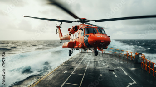 lifeguard descend from helicopter on ship at blue sea