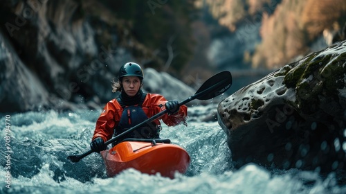kayaker with whitewater kayaking, down a white water rapid river in the mountain photo