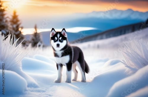 Husky puppy against the backdrop of a winter landscape. Winter sunset. North. Vet day