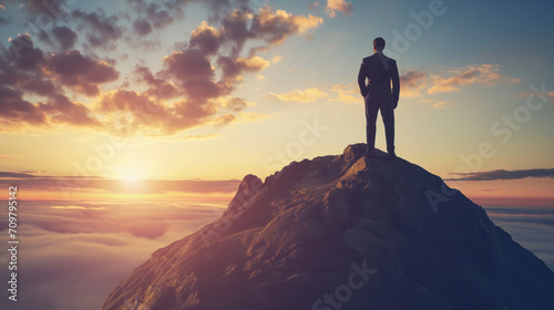 a man stands on the mountain and looks at the sunrise, business clothes , motivation for success, coach, personal growth © StellaPattaya