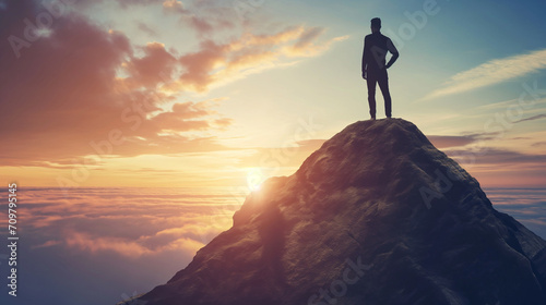 a man stands on the mountain and looks at the sunrise, motivation for success and sport 