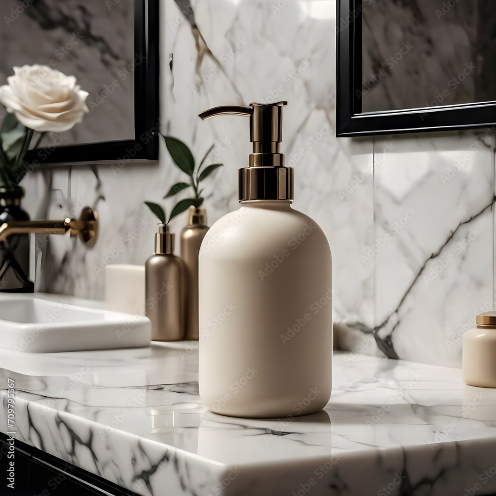 Hand wash bottle, on a cream marble countertop, in the luxurious bathroom, high end and classy style.