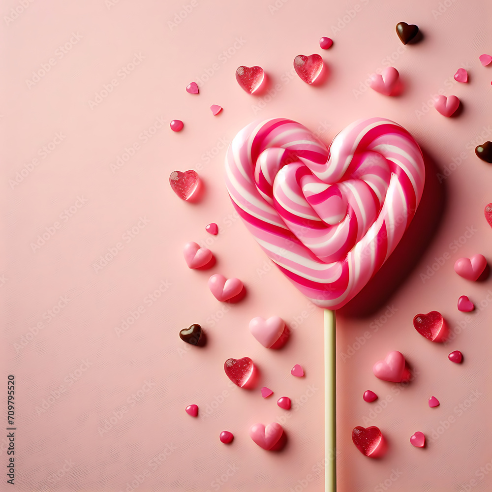 ndulge in the sweet romance of Valentine's Day with a captivating image featuring delectable heart-shaped chocolates arranged on a pink background. The tempting treats set against the soft backdrop cr