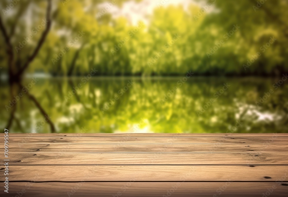 Wooden table top with natural green background of blurred lake Wooden table top with natural green background of blurred lake