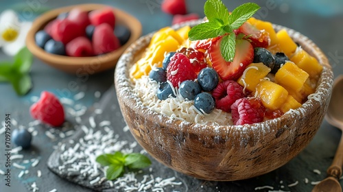Oatmeal with fresh berries in a wooden bowl on a dark background