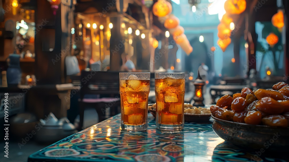 Glasses of Iced tea with dates on the table in a restaurant