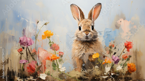 Artistic impasto style painting of a rabbit. Colorful animal wall print. 

