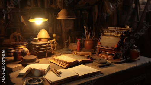 Cozy atmospheric work desk in office of a scientist writer archaeologist historian, with books, artifacts