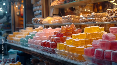 Assortment of colorful candies in a shop window in Istanbul, Turkey