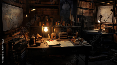 Cozy atmospheric work desk in office of a scientist writer archaeologist historian, with books, artifacts photo