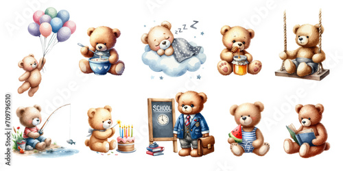 Set of Watercolor cute baby boy bear.