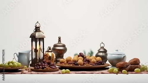Ramadan Kareem Islamic greeting card. Muslim feast of the holy month of Ramadan Kareem. Festive table setting with Arabic lanterns, dates, fruits and dates.