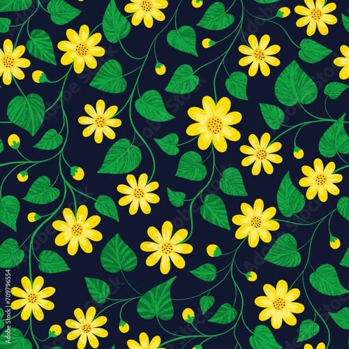 seamless floral pattern with lesser celandine on black background