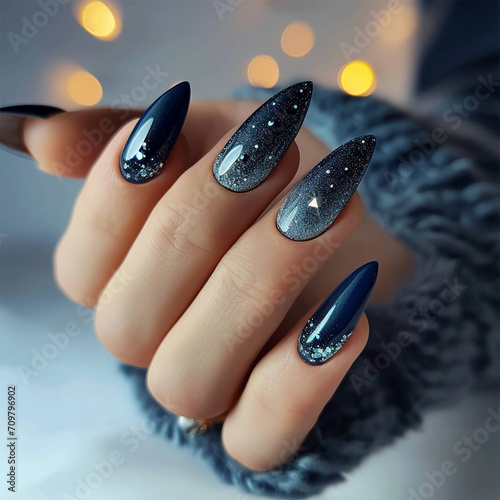 beautiful manicure with gel coating in dark blue color