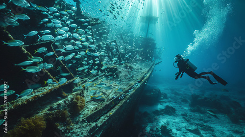 Scuba diver exploring a sunken shipwreck surrounded by schools of fish.