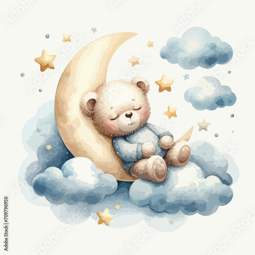 Cute baby teddy bear sleeping on the cloud around moon and stars.